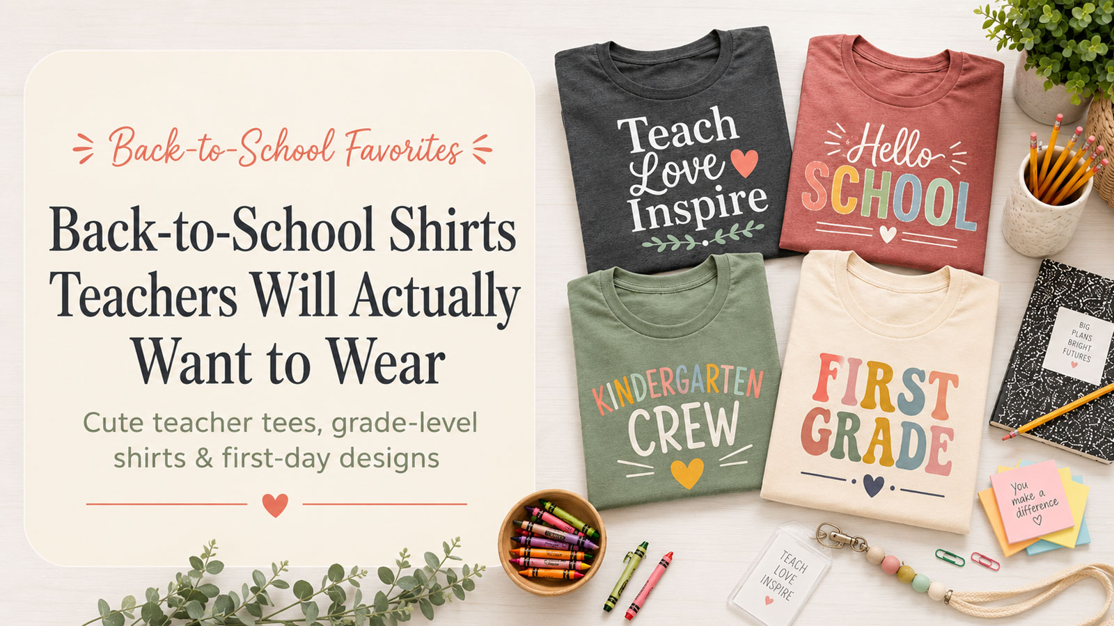 Back-to-school teacher shirts displayed with classroom supplies
