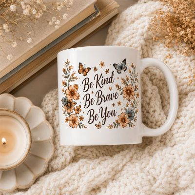 Inspirational white ceramic mug with floral butterfly design