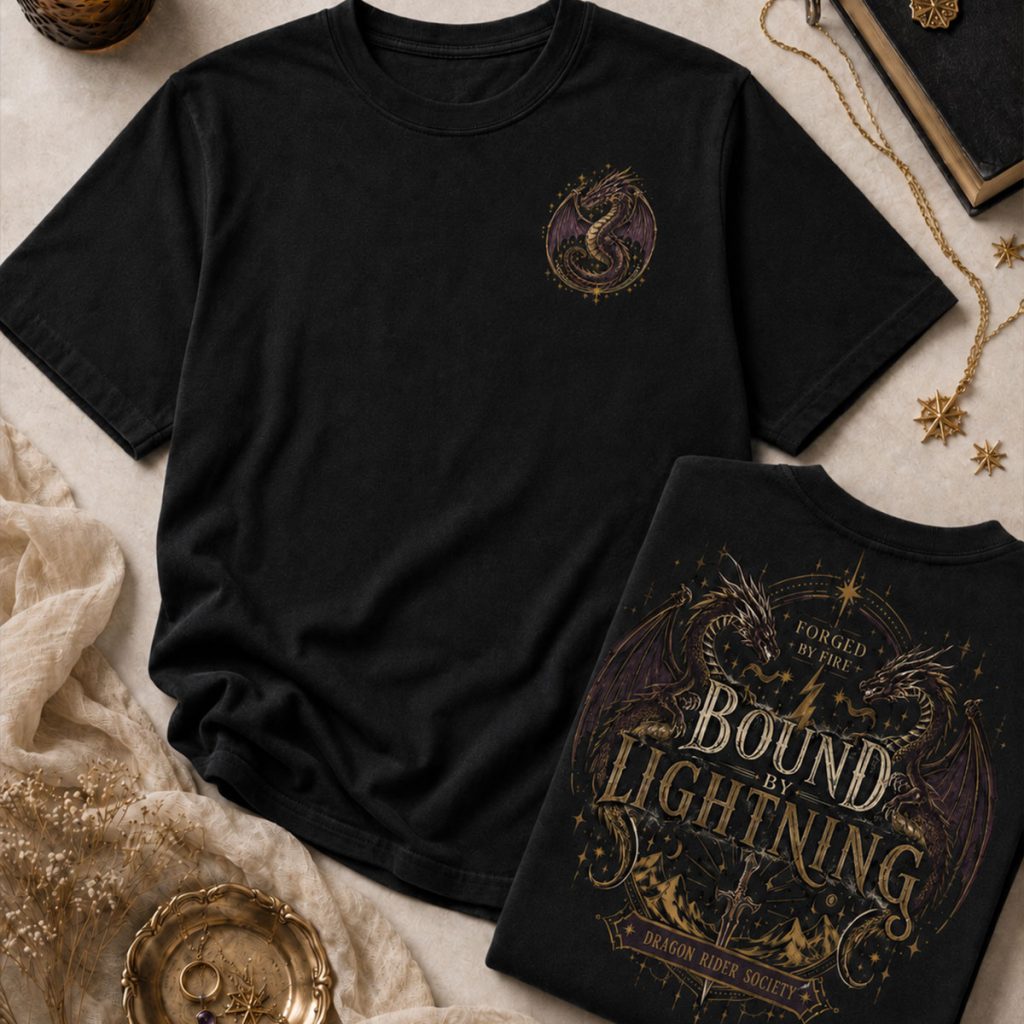 Bound by Lightning Dragon Rider graphic tee with two dragon back design and front chest emblem