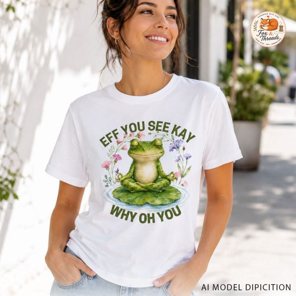 Woman wearing white frog meditation graphic t-shirt outdoors