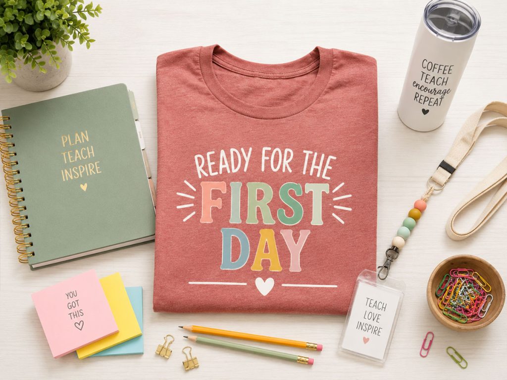 First-day-of-school teacher shirt styled with school supplies