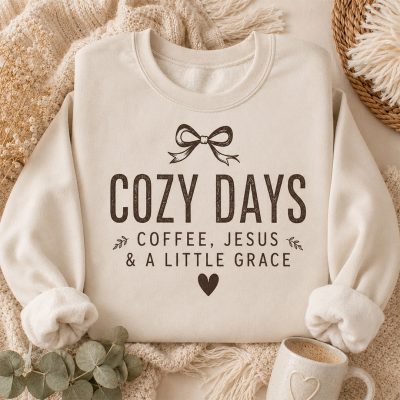 Sand Cozy Days Coffee Jesus and A Little Grace sweatshirt with dark brown design
