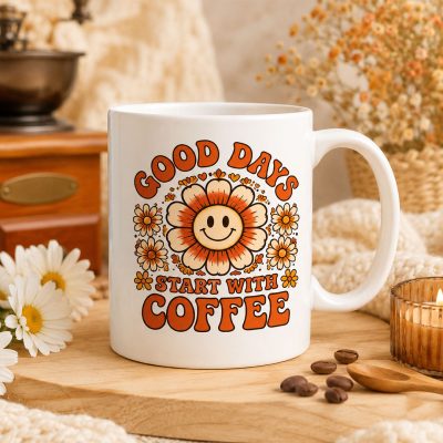 good days start with coffee mug sitting on a coffee bar counter