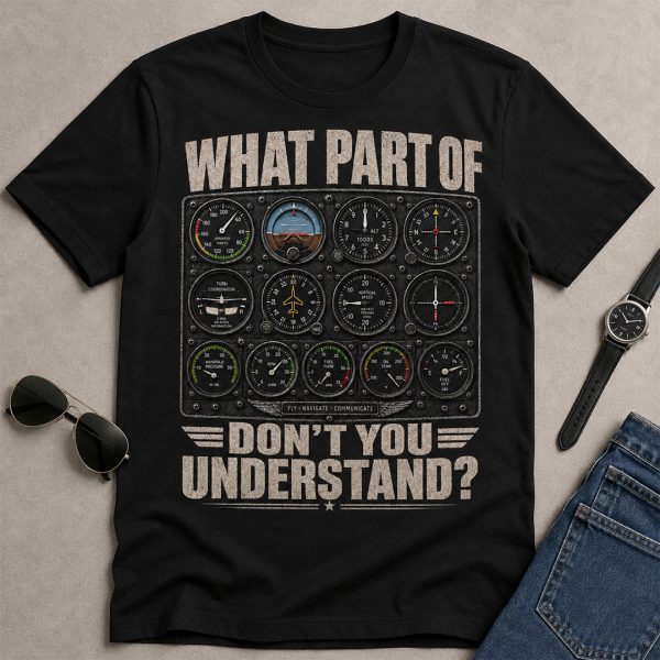Aviation cockpit gauge graphic t-shirt flat lay with sunglasses, watch, and jeans