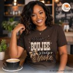 woman wearing kinda boujee kinda broke brown graphic tee in coffee shop