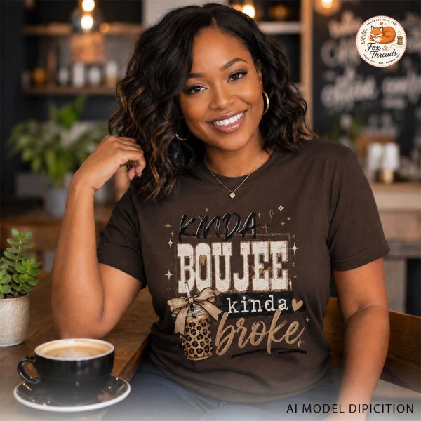 woman wearing kinda boujee kinda broke brown graphic tee in coffee shop