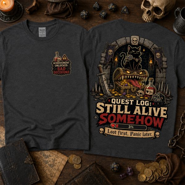 Heather Gray Softstyle Quest Log Still Alive Somehow shirt with small Achievement Unlocked Bad Decisions chest graphic and large fantasy back print