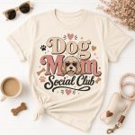 Dog Mom Social Club t-shirt flat lay with coffee, sunglasses, dog leash, and dog accessories