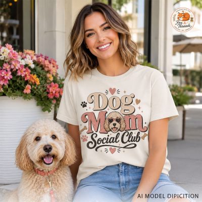 Woman wearing Dog Mom Social Club graphic tee while sitting with her dog