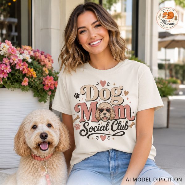 Woman wearing Dog Mom Social Club graphic tee while sitting with her dog