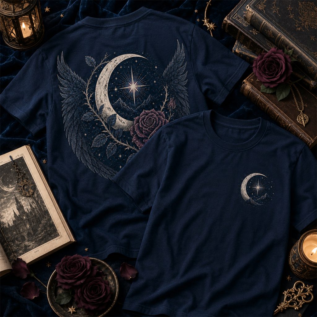 Dark navy fantasy reader shirt with full back celestial rose and wings graphic