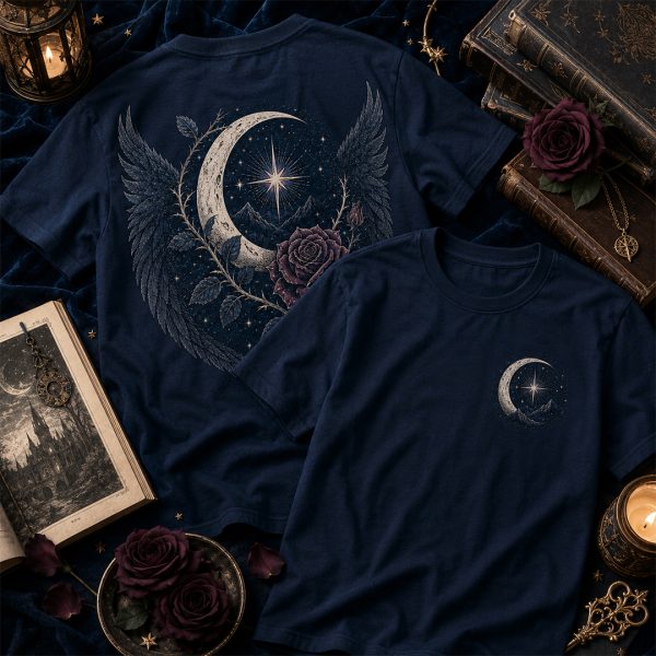Dark navy fantasy reader shirt with full back celestial rose and wings graphic