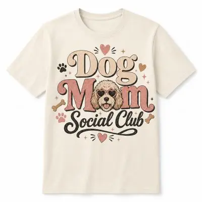 Dog Mom Social Club graphic tee on cream shirt with retro dog mom design