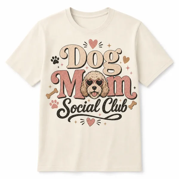 Dog Mom Social Club graphic tee on cream shirt with retro dog mom design