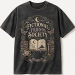 Washed black Fictional Friends Society t-shirt for readers and introverts