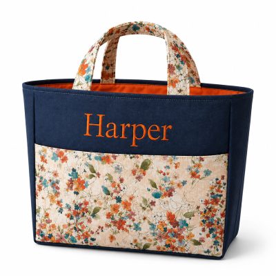 watercolor personalized tote front view with embroidered name