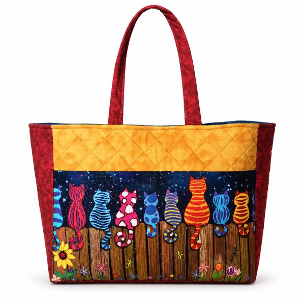 Colorful cat lover tote bag with quilted fabric and shoulder straps