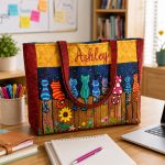 Custom embroidered name on cats on a fence tote bag