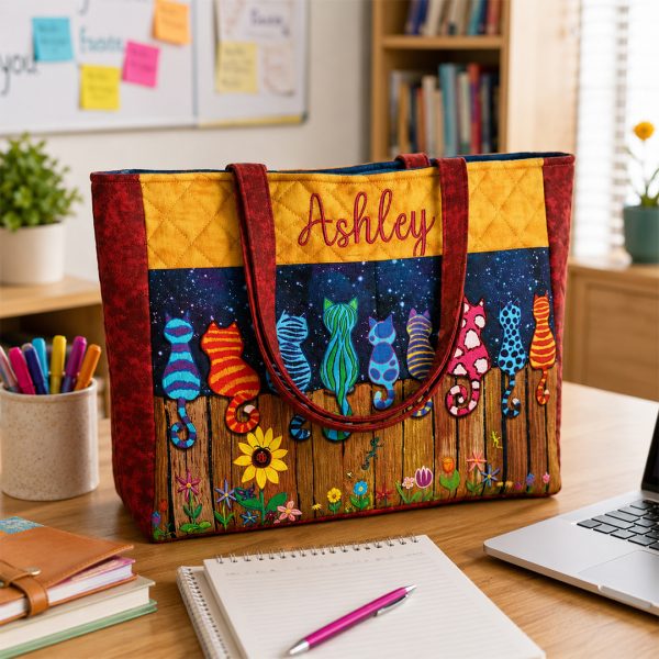 Custom embroidered name on cats on a fence tote bag