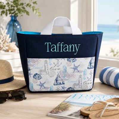 Personalized Beach Tote Bag with Nautical Print