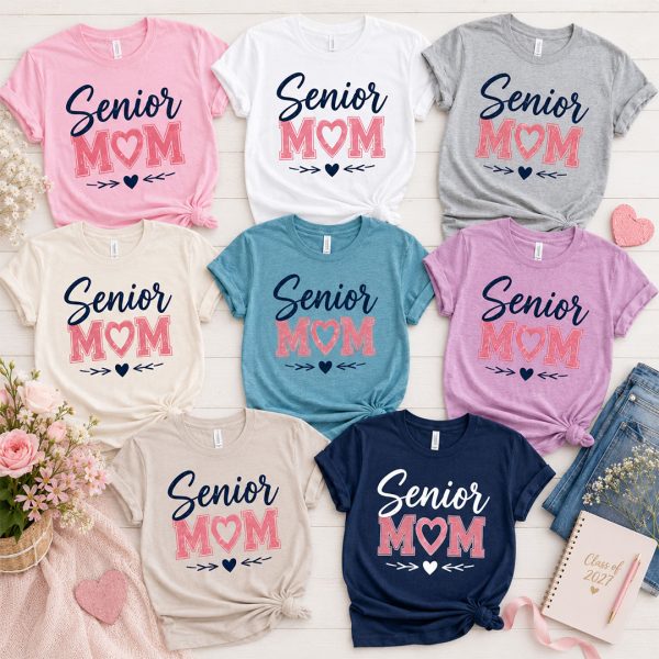Senior Mom shirt shown in multiple color options