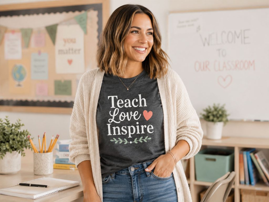 Teacher wearing a back-to-school tee with a casual classroom outfit