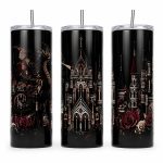 Dark fantasy tumbler with dragon, castle spires, and roses
