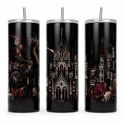 Dark fantasy tumbler with dragon, castle spires, and roses