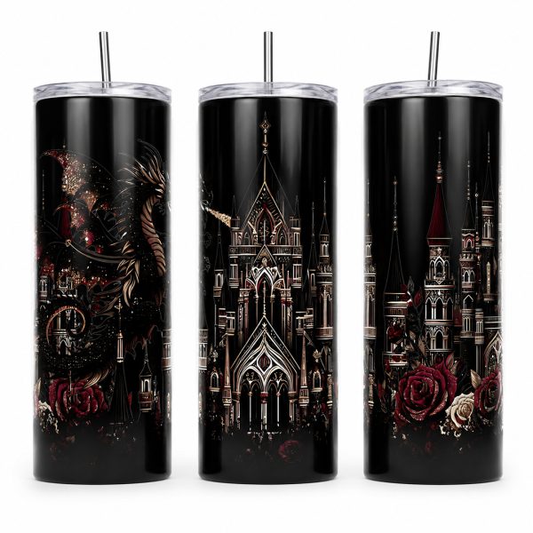 Dark fantasy tumbler with dragon, castle spires, and roses