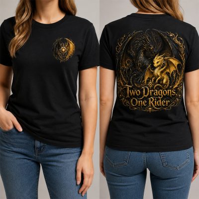 two dragons one rider black softstyle shirt with front chest crest and full back dragon design