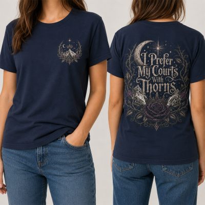 Navy fantasy book lover graphic tee with thorn and moon back print