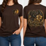 Dark chocolate dragon rider shirt with black and gold fantasy back graphic