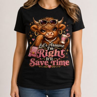 Sassy Highland cow graphic tee on black shirt