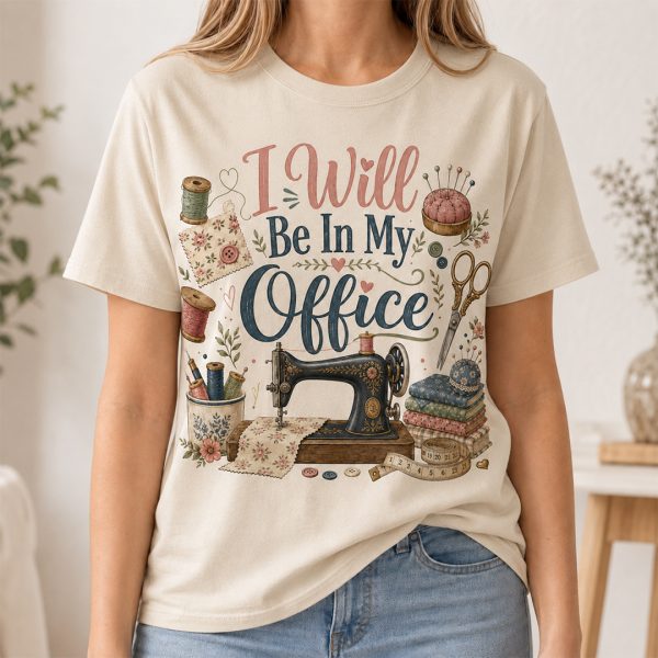 I Will Be In My Office sewing shirt on Sand Softstyle t-shirt