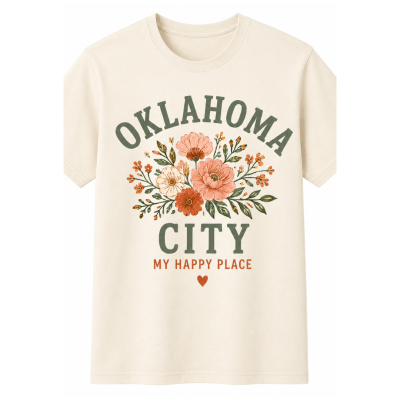 Oklahoma City graphic tee with peach flowers and heart detail