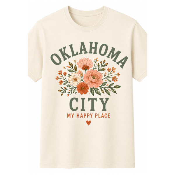 Oklahoma City graphic tee with peach flowers and heart detail