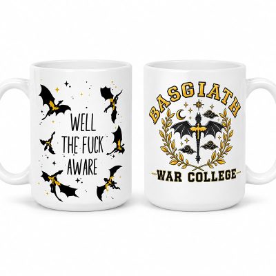 15 oz white Basgiath War College coffee mug with black and gold dragon crest and Well the Fuck Aware design
