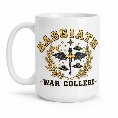 15 oz white Basgiath War College coffee mug with black and gold dragon crest and Well the Fuck Aware design