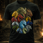 ierce gathering of intricately detailed dragons in gold, red, blue, silver, bronze, and green