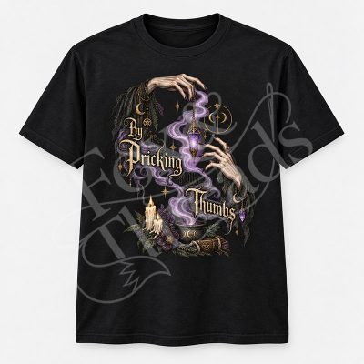 By the Pricking of My Thumbs Macbeth graphic tee with witchy hands, purple smoke, crystal and candle details