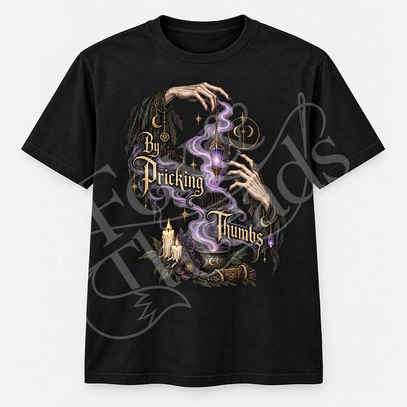 By the Pricking of My Thumbs Macbeth graphic tee with witchy hands, purple smoke, crystal and candle details