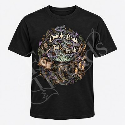Double Double Toil and Trouble Macbeth graphic tee with bubbling cauldron, potions, crystals and witchy details