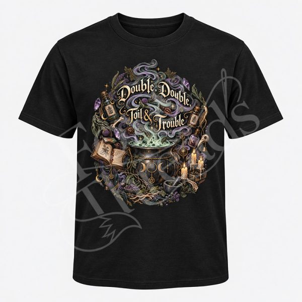 Double Double Toil and Trouble Macbeth graphic tee with bubbling cauldron, potions, crystals and witchy details