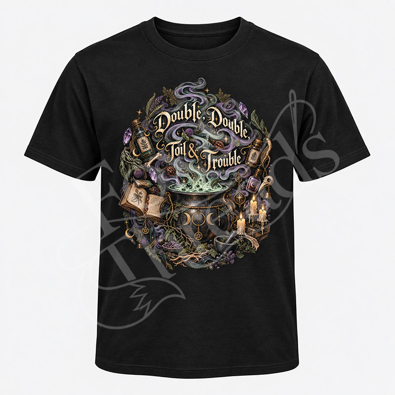 Double Double Toil and Trouble Macbeth graphic tee with bubbling cauldron, potions, crystals and witchy details