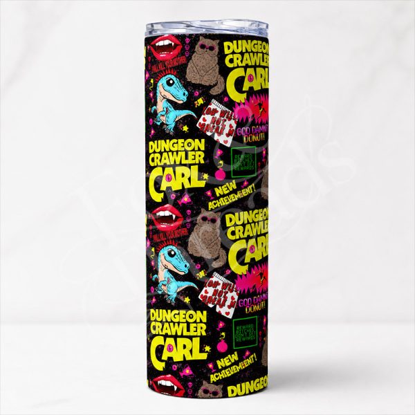 Dungeon Crawler Carl Chaos 20 oz Skinny Tumbler Dungeon Crawler Carl Chaos 20 oz skinny tumbler with colorful LitRPG collage artwork