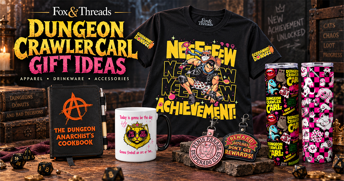 Dungeon Crawler Carl gift ideas including DCC shirt, mug, notebook cover and bag charms