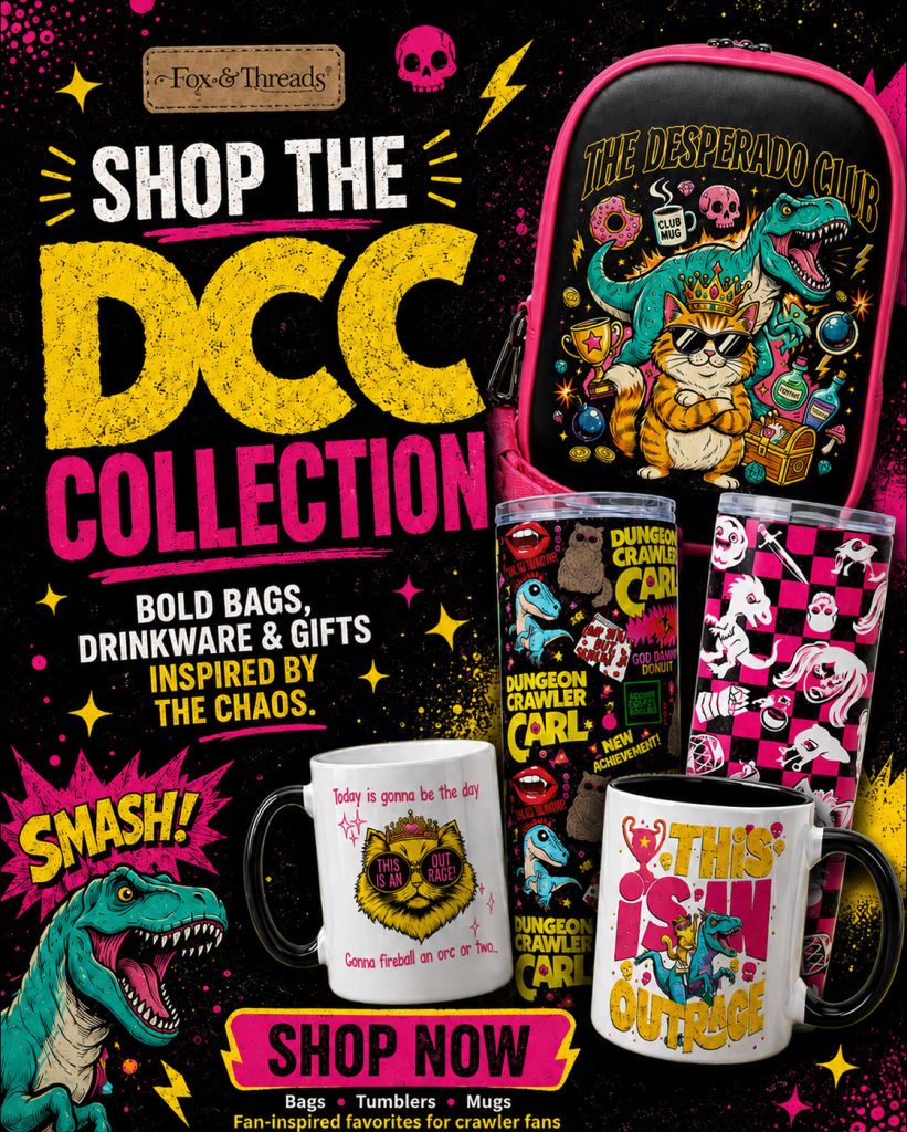 dungeon crawler carl inspired tumblers, mugs, apparel, handmade bags, and gifts
