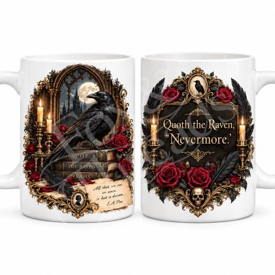 Edgar Allan Poe Raven mug with gothic raven illustration on white 15 oz ceramic mug