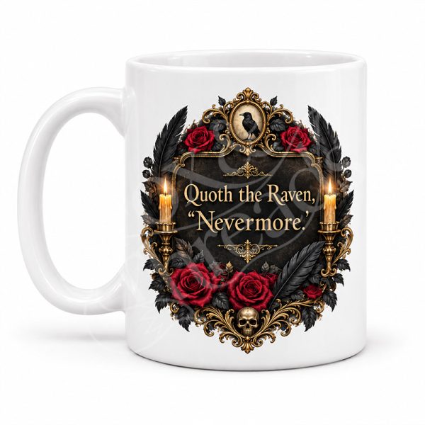 Edgar Allan Poe Raven mug with gothic raven illustration on white 15 oz ceramic mug