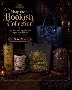 bookish gifts including tumblers, mugs, t-shirts, and handmade bags and slings